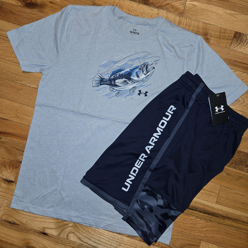 Boys Under Armour Bass Fish Shirt Short Set Blue Navy Youth XL NWT